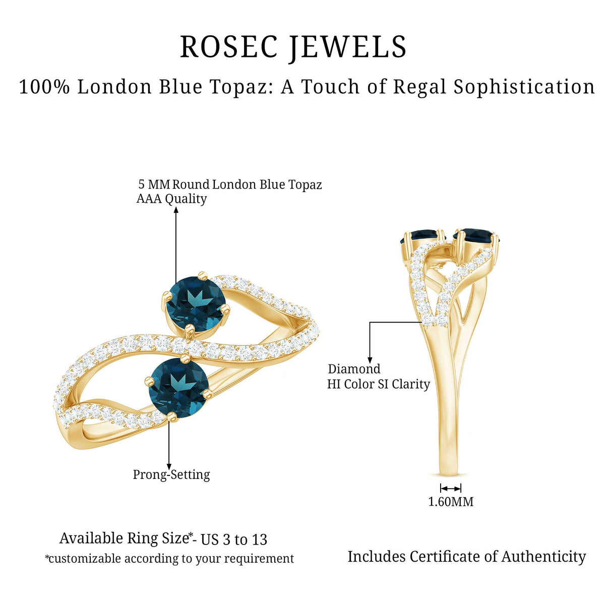 Rosec Jewels London Blue Topaz 2-stone promise ring with diamonds, showcasing a elegant silver band and sparkling gemstones.