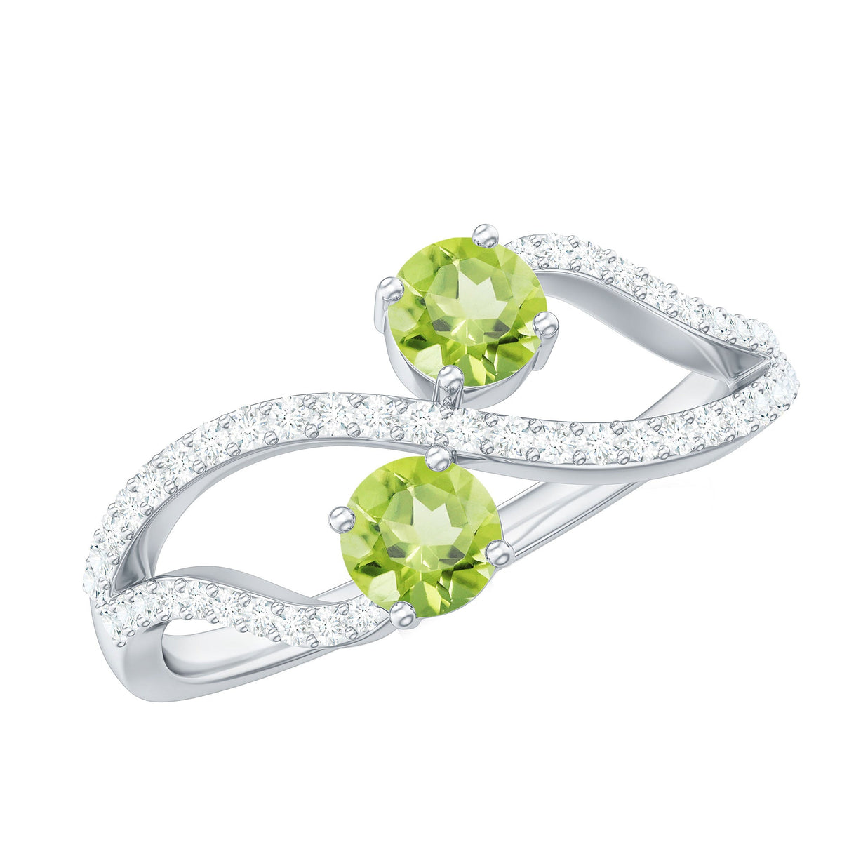 Natural Peridot Toi Et Moi ring with diamond infinity shank by Rosec Jewels, featuring two peridot gemstones and sparkling diamond accents.