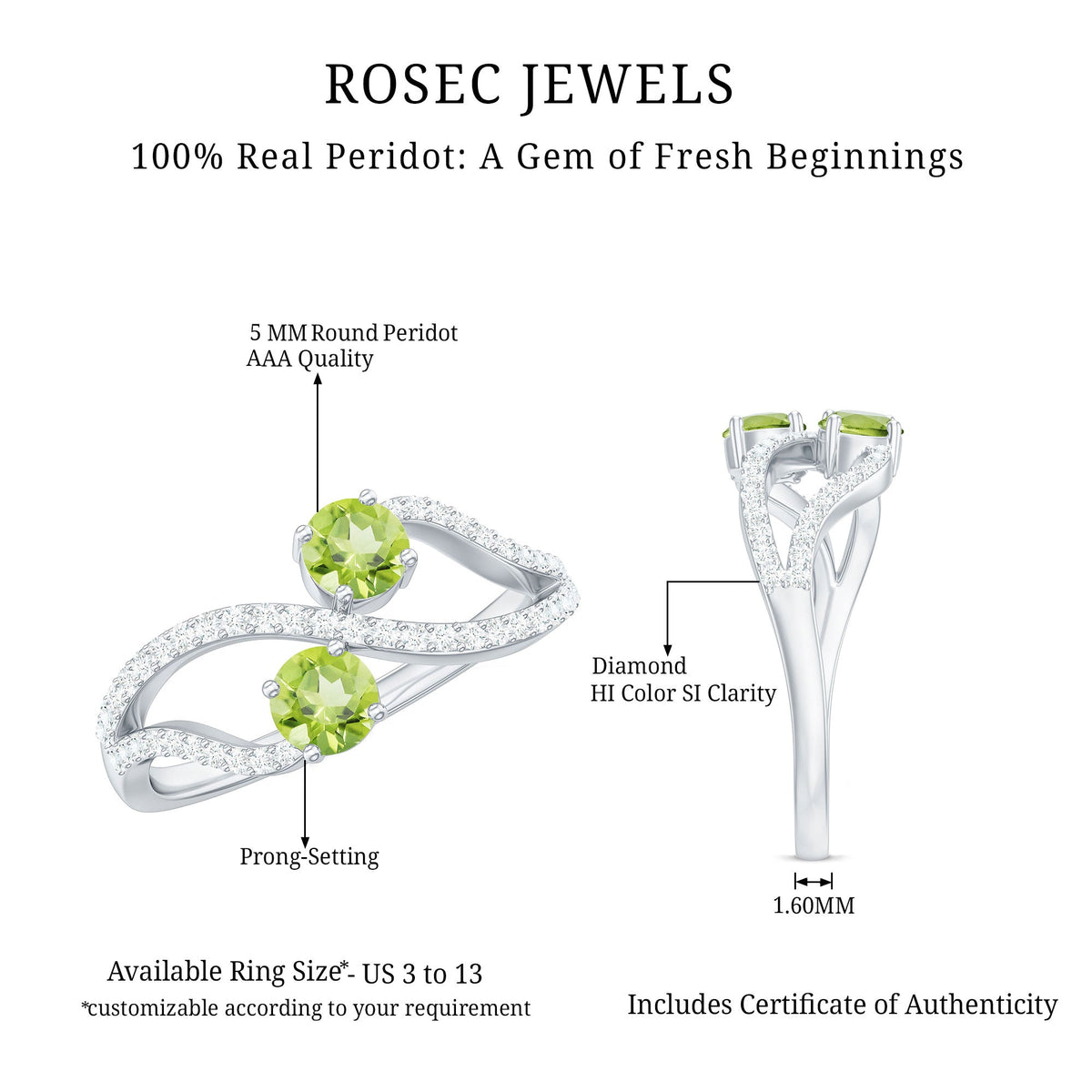Natural Peridot Toi Et Moi ring with diamond infinity shank by Rosec Jewels, showcasing the vibrant green peridot and sparkling diamonds.