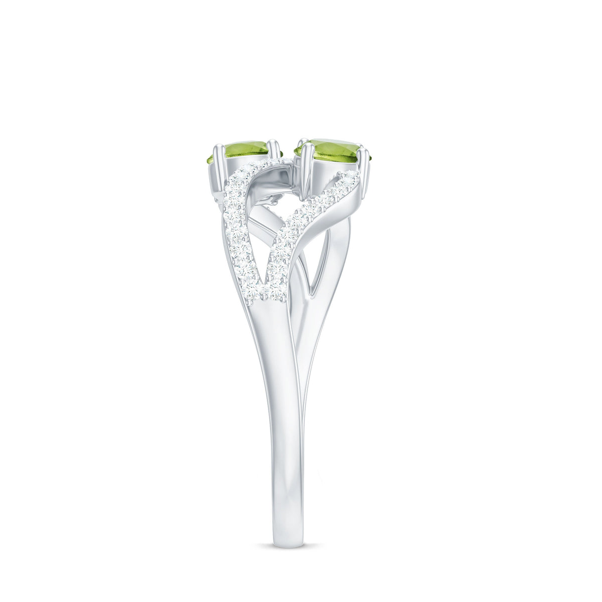 Natural Peridot Toi Et Moi ring with diamond infinity shank from Rosec Jewels, showcasing the elegant gemstone and intricate band design.