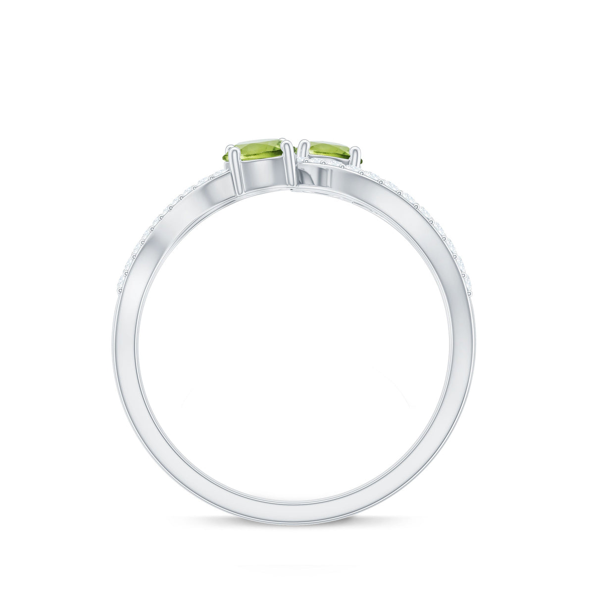 Natural Peridot Toi Et Moi ring with diamond infinity shank by Rosec Jewels, showcasing a green peridot gemstone and sparkling diamonds.