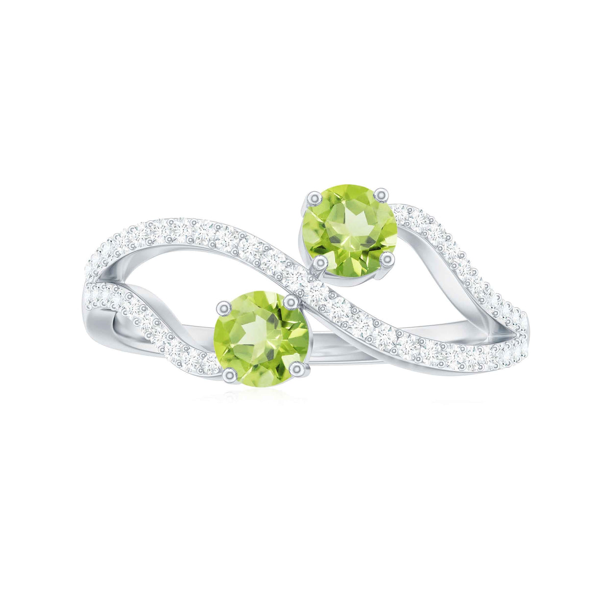 Natural Peridot Toi Et Moi ring with diamond infinity shank from Rosec Jewels, featuring two peridot gemstones and a diamond-accented band.
