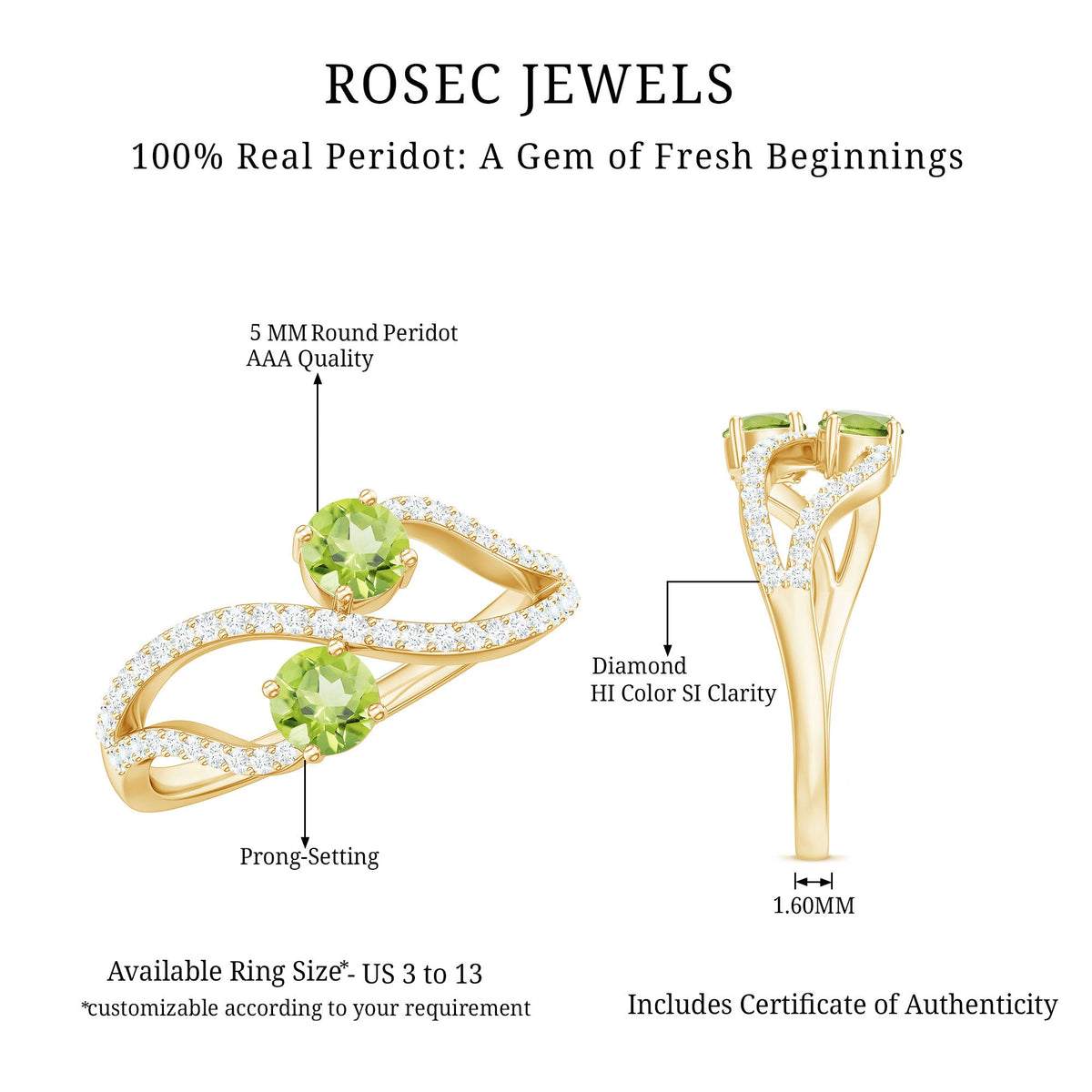 Natural Peridot Toi Et Moi ring with diamond infinity shank by Rosec Jewels, featuring two Peridot gemstones and a diamond-studded band.
