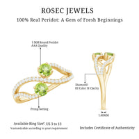 Natural Peridot Toi Et Moi ring with diamond infinity shank by Rosec Jewels, featuring two Peridot gemstones and a diamond-studded band.
