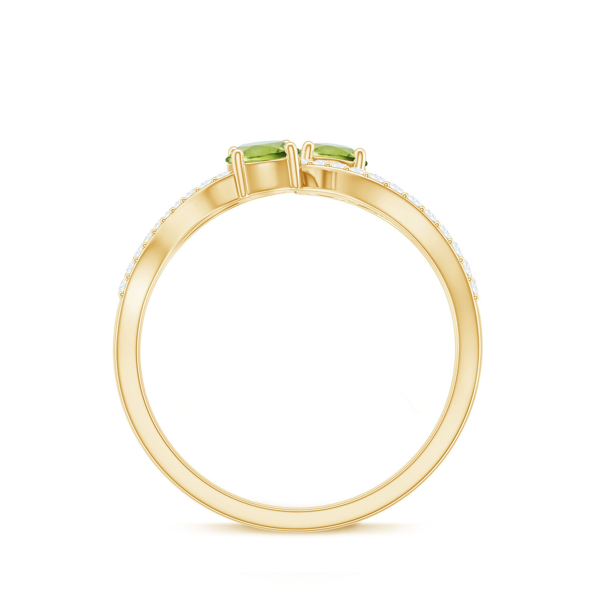 Natural Peridot Toi Et Moi ring with diamond infinity shank by Rosec Jewels, showcasing a green peridot gemstone and sparkling diamond details.