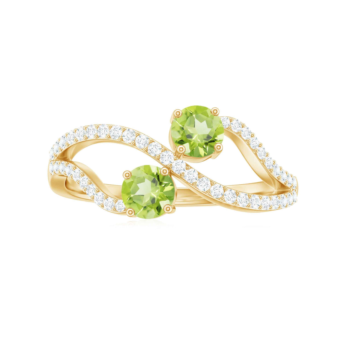 Natural Peridot Toi Et Moi ring with diamond infinity shank from Rosec Jewels, showcasing the green peridot and sparkling diamonds.