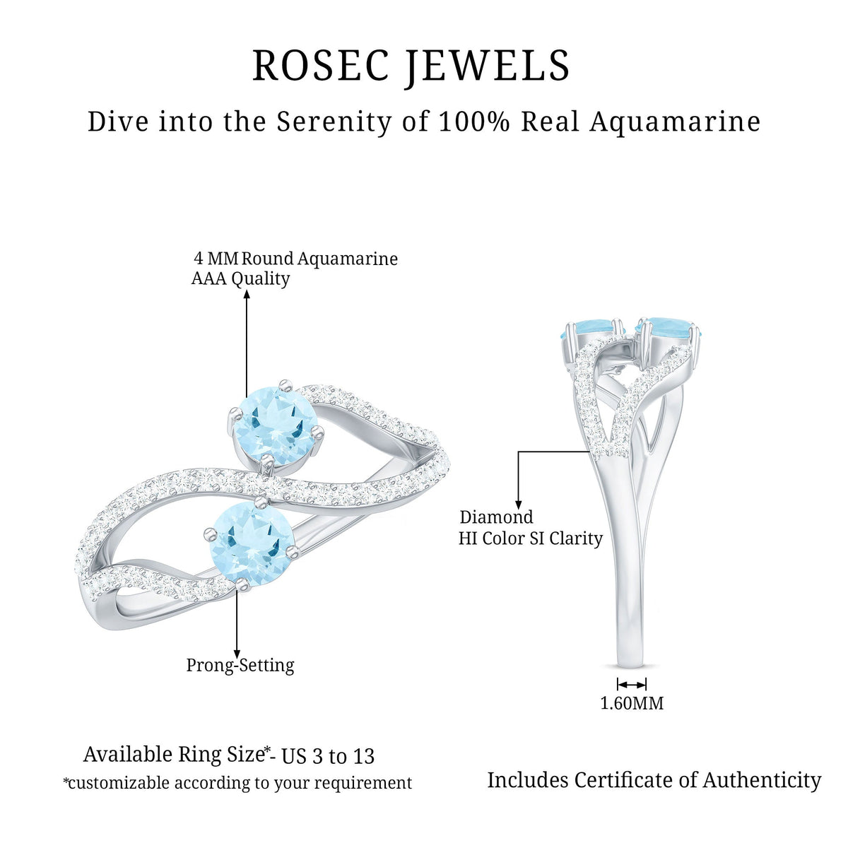 Two-stone aquamarine and diamond infinity promise ring for women by Rosec Jewels, featuring a detailed design with sparkling gemstones.
