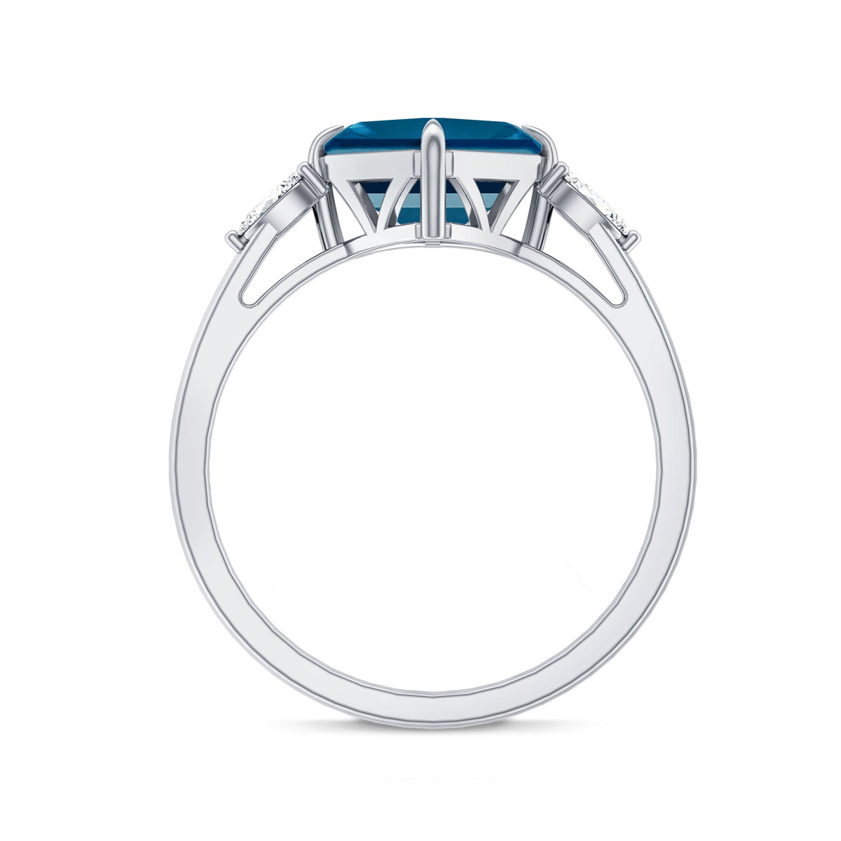 8mm Asscher Cut London Blue Topaz Diagonal Solitaire Ring with Marquise Diamond