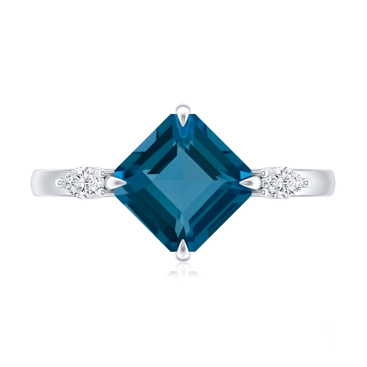8mm Asscher Cut London Blue Topaz Diagonal Solitaire Ring with Marquise Diamond