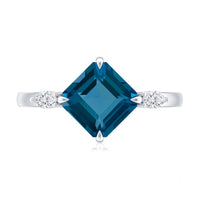 8mm Asscher Cut London Blue Topaz Diagonal Solitaire Ring with Marquise Diamond