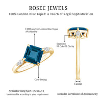 8mm Asscher Cut London Blue Topaz Diagonal Solitaire Ring with Marquise Diamond