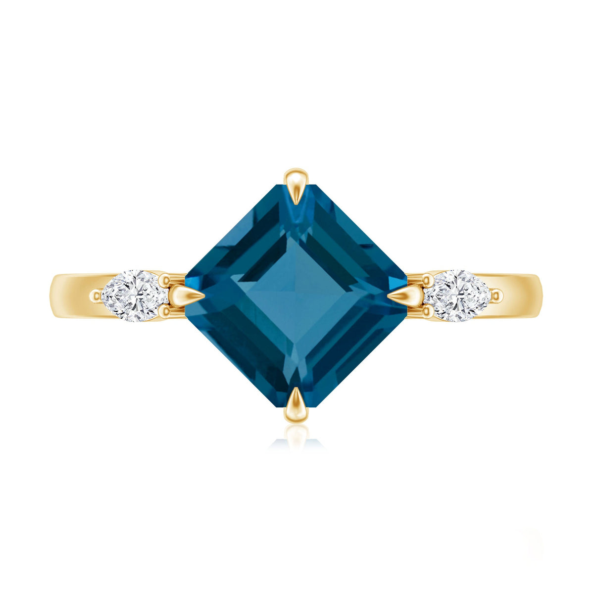 8mm Asscher Cut London Blue Topaz Diagonal Solitaire Ring with Marquise Diamond