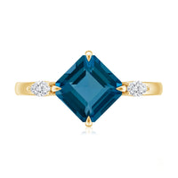 8mm Asscher Cut London Blue Topaz Diagonal Solitaire Ring with Marquise Diamond