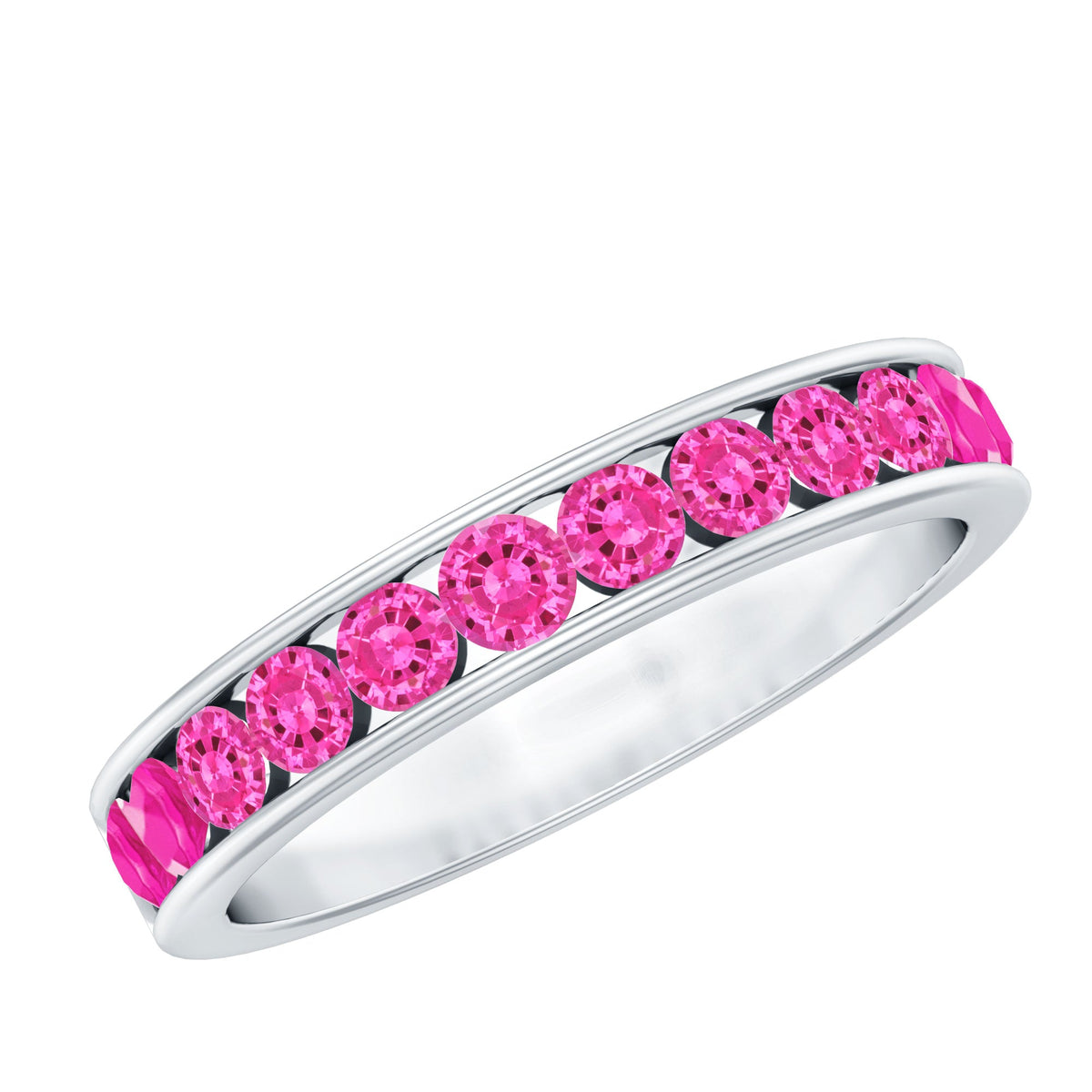 Rosec Jewels round lab-created pink sapphire half eternity ring with channel setting, showcasing a row of pink sapphires in a sleek band.