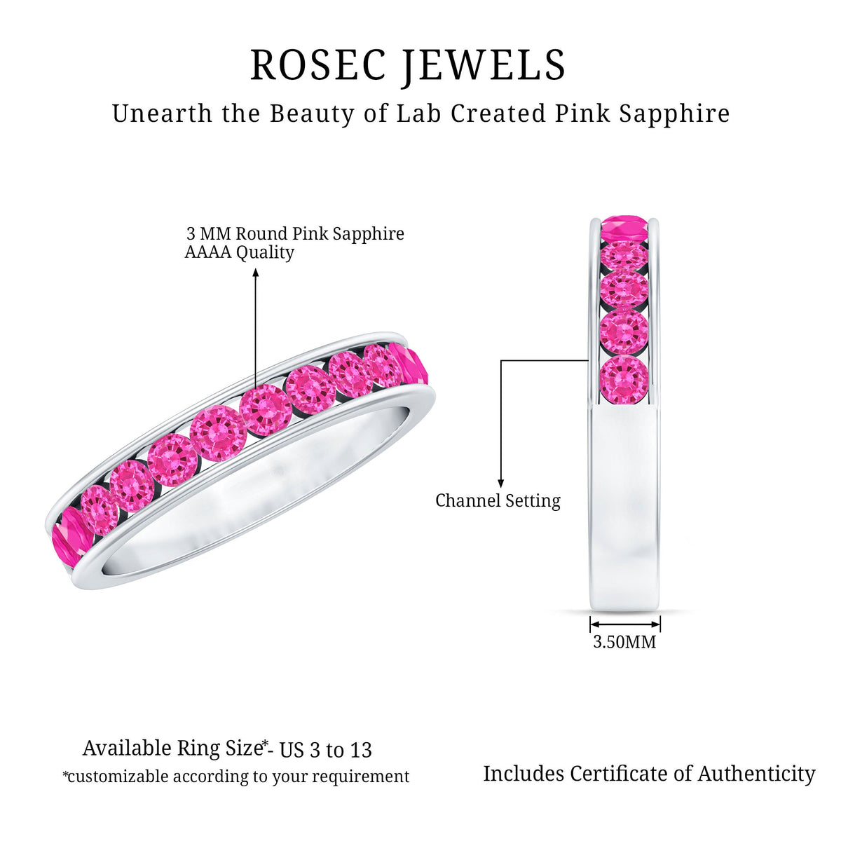 Rosec Jewels round lab-created pink sapphire half eternity ring with channel setting, showcasing a sleek band with pink gemstones.