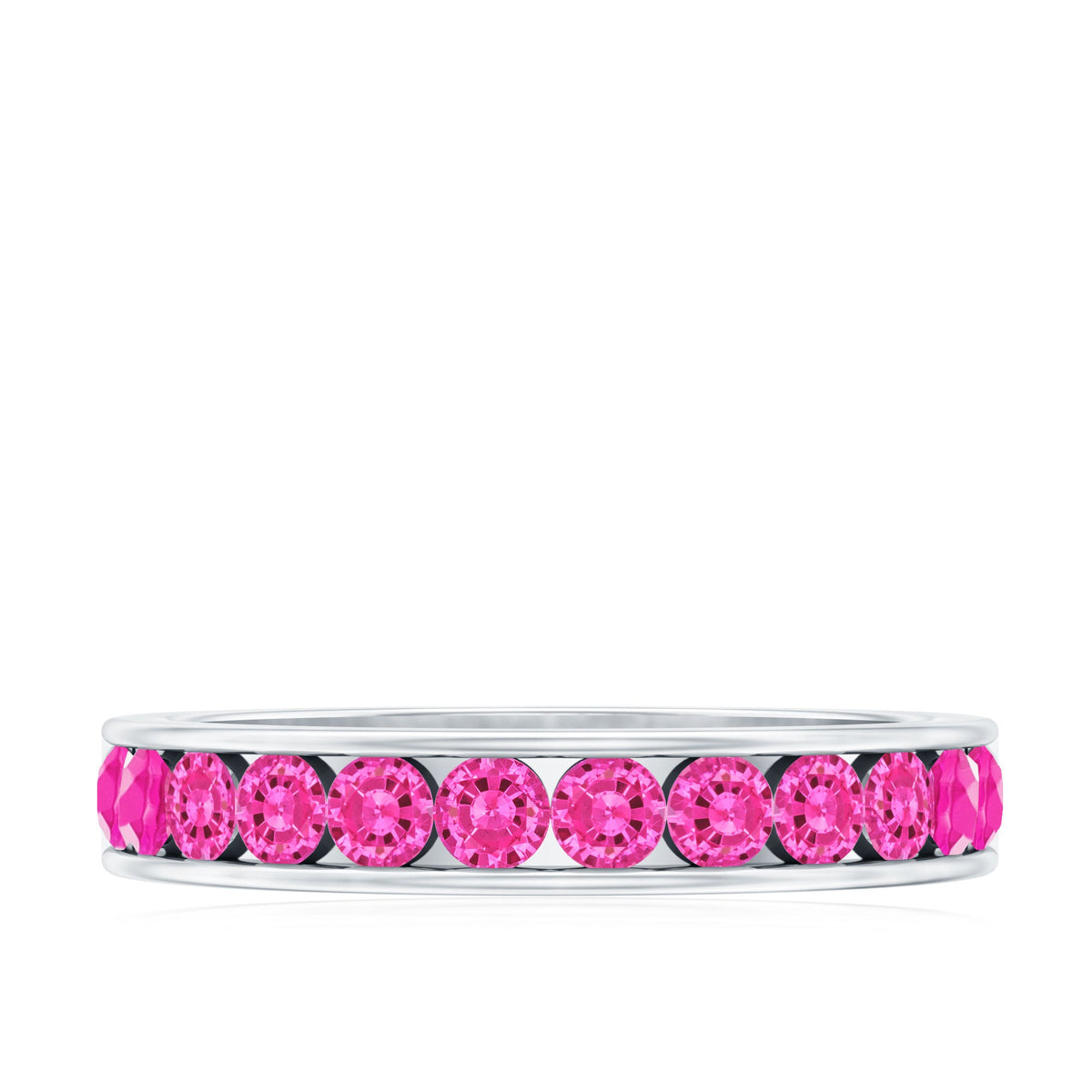 Rosec Jewels round lab-created pink sapphire half eternity ring with channel setting, showcasing sparkling pink sapphires on a polished band