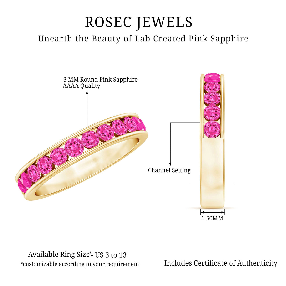 Round lab-created pink sapphire half eternity band ring in channel setting by Rosec Jewels, showcasing pink sapphires and polished gold band.