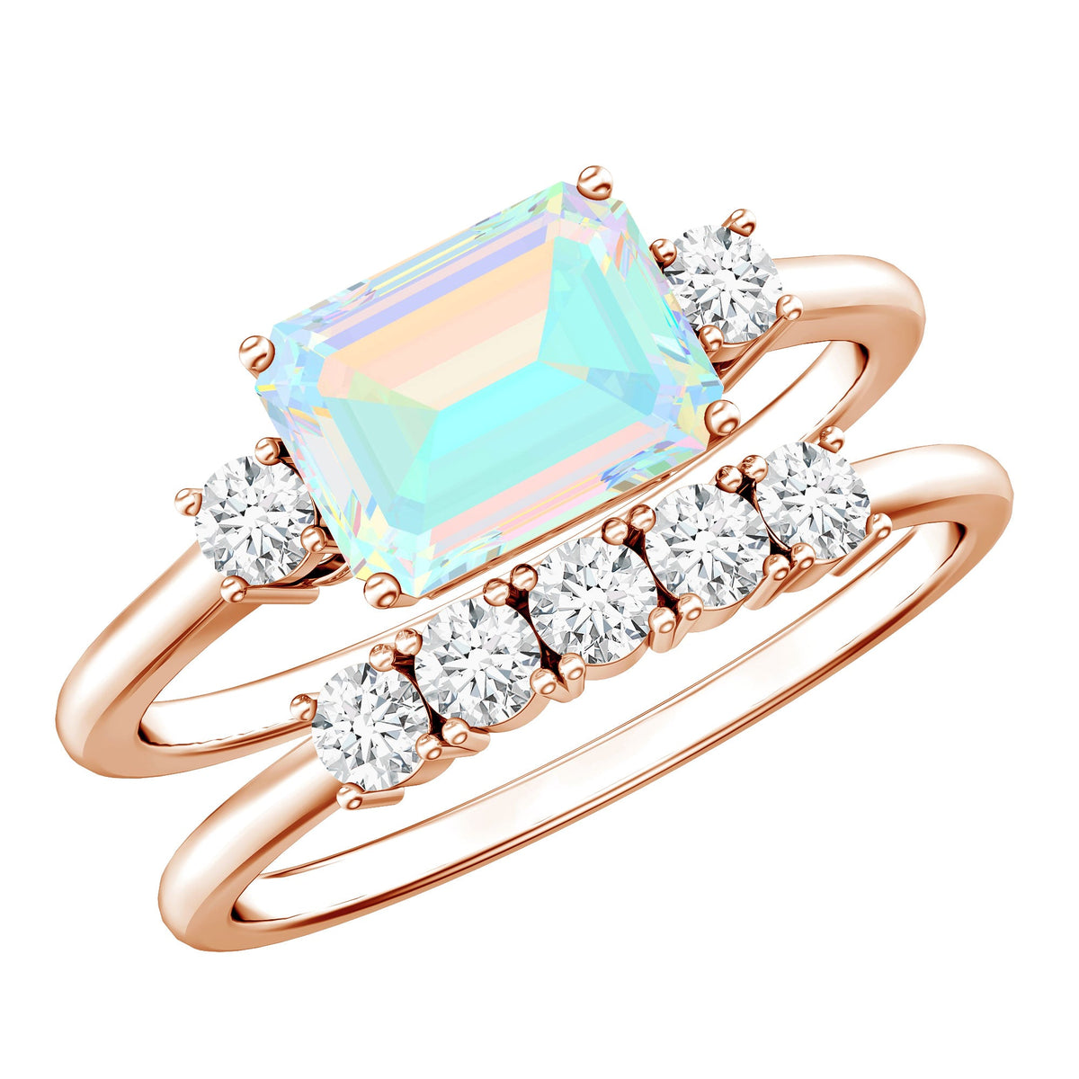 Ethiopian Opal and diamond engagement ring and wedding band set with emerald cut stones, crafted by Rosec Jewels.
