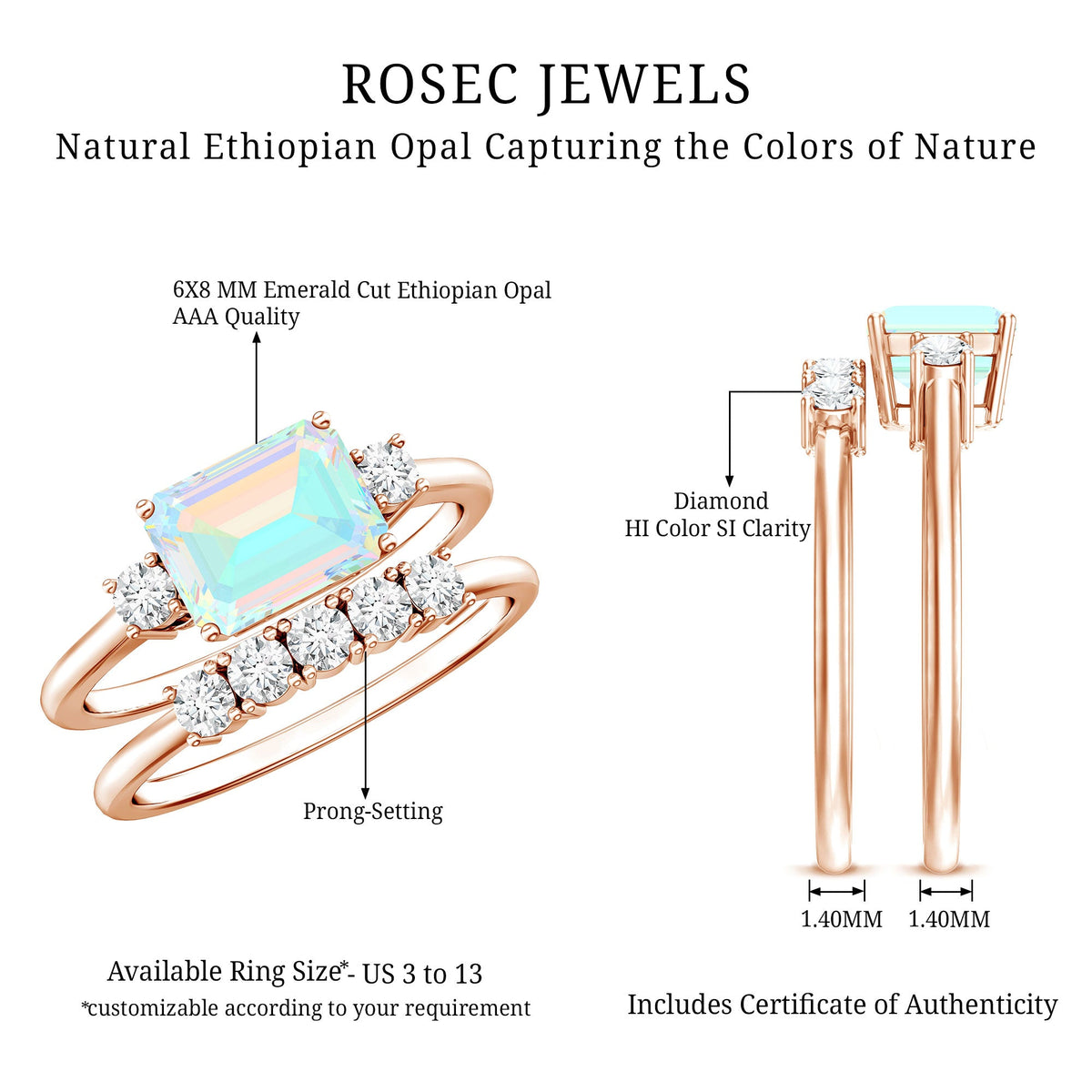 Ethiopian opal, diamond, emerald cut engagement ring and wedding band set by Rosec Jewels, showcasing elegant rings with colorful gemstones