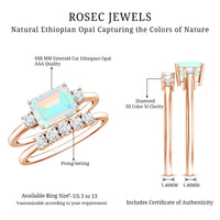 Ethiopian opal, diamond, emerald cut engagement ring and wedding band set by Rosec Jewels, showcasing elegant rings with colorful gemstones