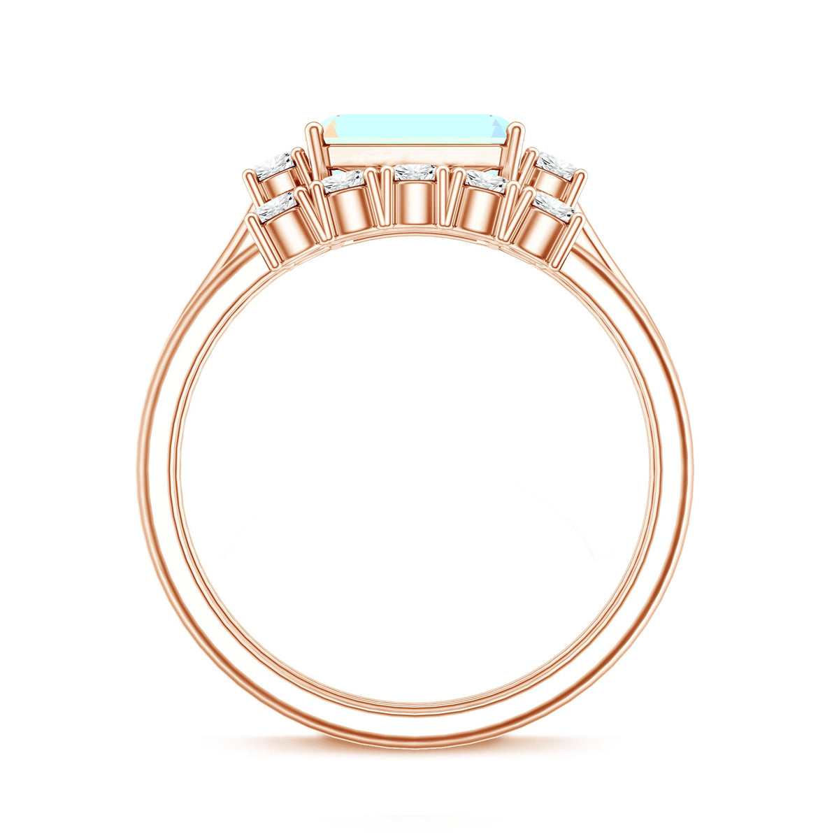 Ethiopian opal, diamond, and emerald cut engagement ring and wedding band set by Rosec Jewels, showcasing elegant rings with gemstones.