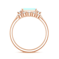 Ethiopian opal, diamond, and emerald cut engagement ring and wedding band set by Rosec Jewels, showcasing elegant rings with gemstones.