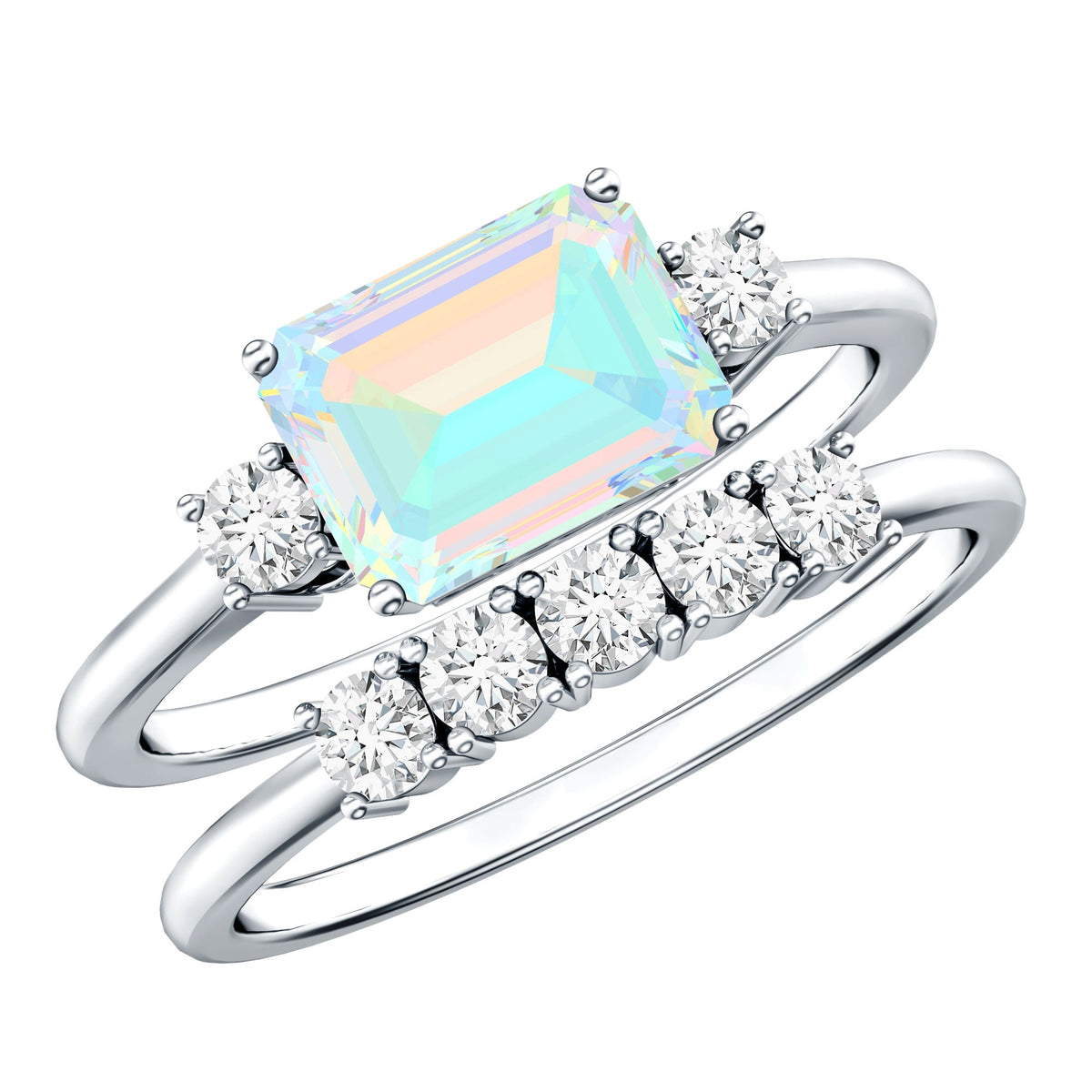 Ethiopian Opal diamond engagement and wedding ring set with emerald cut stones, featuring natural gemstones and elegant design.