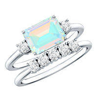 Ethiopian Opal diamond engagement and wedding ring set with emerald cut stones, featuring natural gemstones and elegant design.