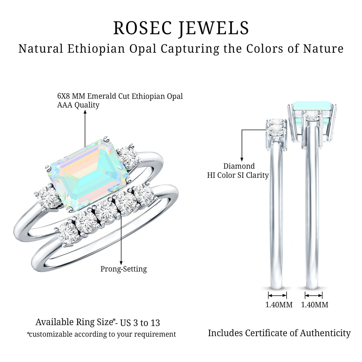 Ethiopian opal diamond engagement and wedding ring set with emerald cut rings, featuring natural gemstones and elegant design.