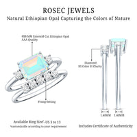 Ethiopian opal diamond engagement and wedding ring set with emerald cut rings, featuring natural gemstones and elegant design.