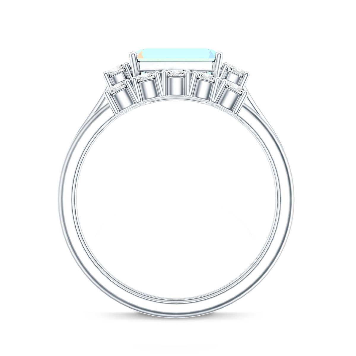 Ethiopian opal diamond engagement and wedding ring set with emerald cut stones in a rose gold band by Rosec Jewels