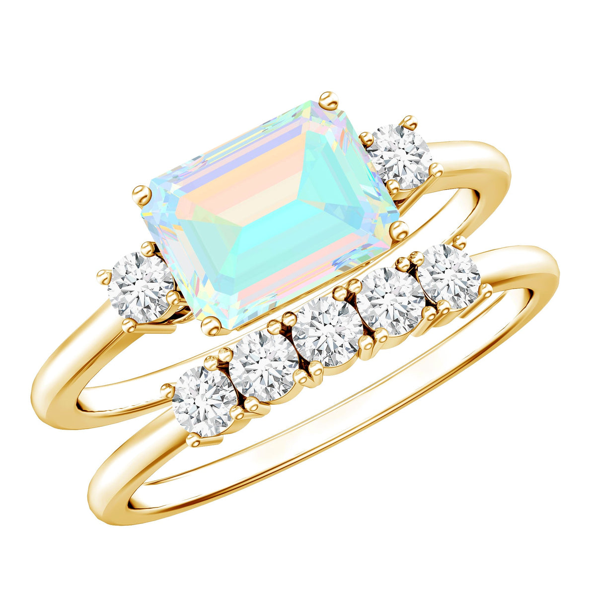 Ethiopian Opal and diamond engagement and wedding ring set with emerald cut stones in elegant rose gold, by Rosec Jewels.
