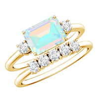 Ethiopian Opal and diamond engagement and wedding ring set with emerald cut stones in elegant rose gold, by Rosec Jewels.