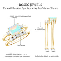 Ethiopian Opal diamond engagement and wedding ring set with emerald cut stones, featuring intricate design by Rosec Jewels.
