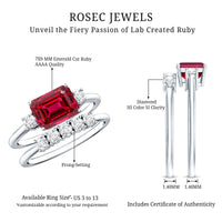 East West Set Emerald Cut Lab Ruby Engagement Ring with Diamond Wedding Band