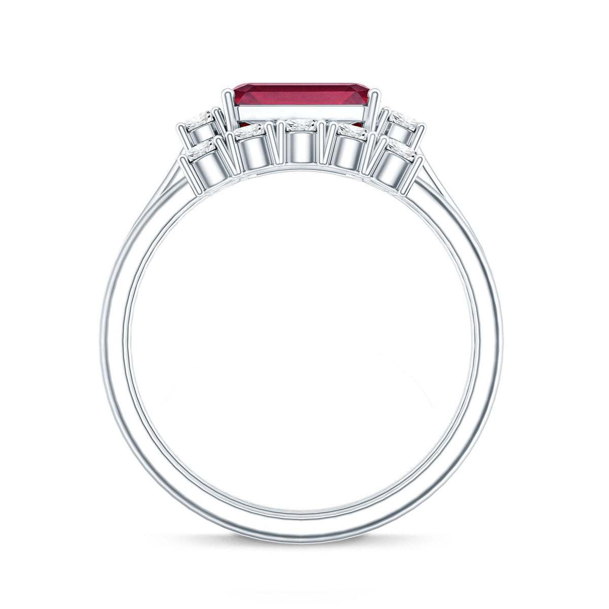 East West Set Emerald Cut Lab Ruby Engagement Ring with Diamond Wedding Band
