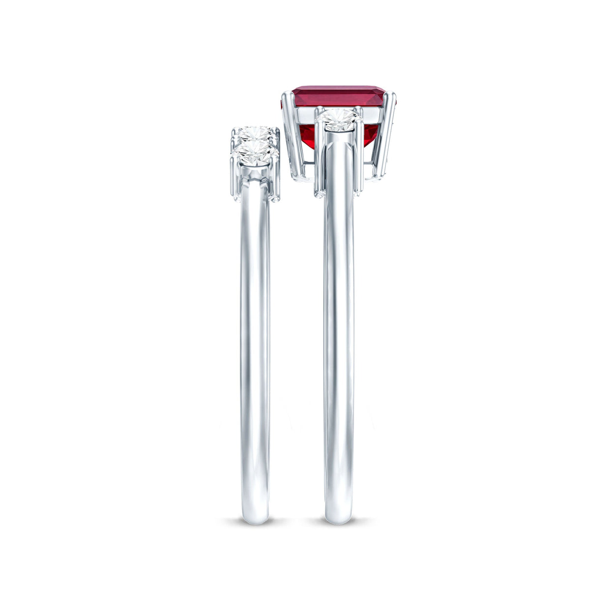East West Set Emerald Cut Lab Ruby Engagement Ring with Diamond Wedding Band