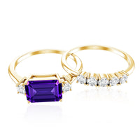 Octagon Cut Amethyst Contemporary Wedding Ring Set with Diamond