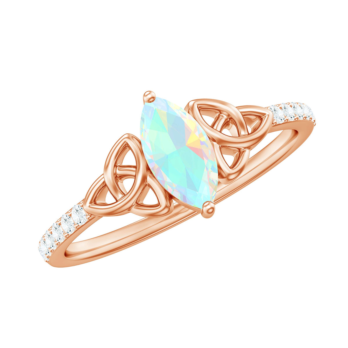 Natural Ethiopian opal diamond engagement ring with Celtic knot design, featuring a sparkling opal and intricate silver Celtic details.