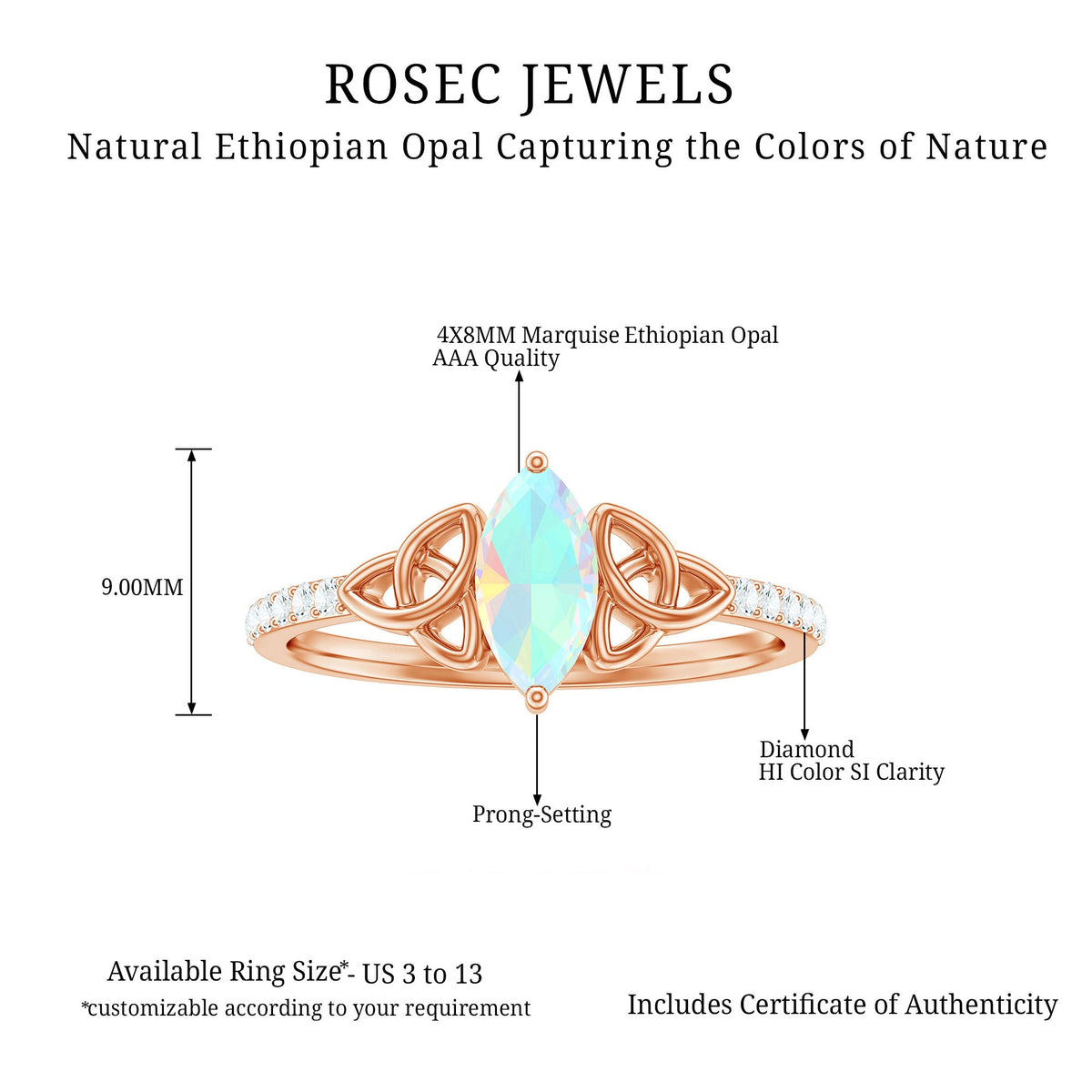 Natural Ethiopian opal diamond engagement ring with Celtic knot design, featuring a Rosec Jewels rings style and intricate metalwork.