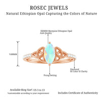 Natural Ethiopian opal diamond engagement ring with Celtic knot design, featuring a Rosec Jewels rings style and intricate metalwork.