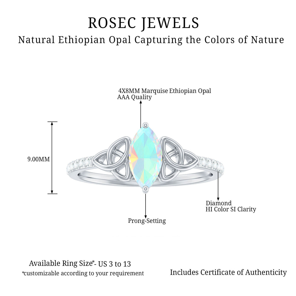 Natural Ethiopian opal diamond engagement ring with Celtic knot design, crafted by Rosec Jewels, showcasing intricate details and vibrant gemstones.