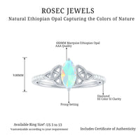 Natural Ethiopian opal diamond engagement ring with Celtic knot design, crafted by Rosec Jewels, showcasing intricate details and vibrant gemstones.