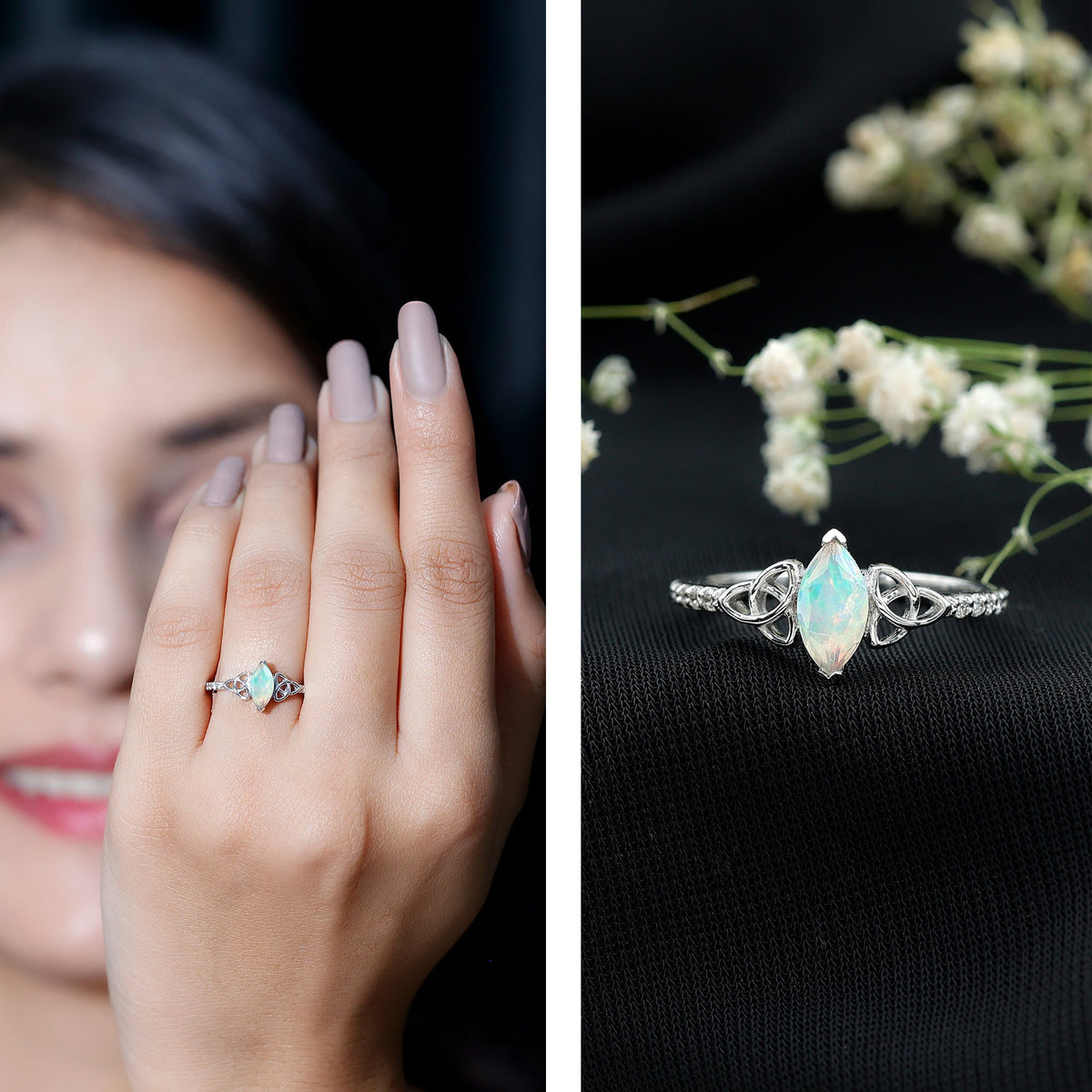 Ethiopian opal diamond engagement ring with Celtic knot design, featuring a sparkling opal and intricate metalwork by Rosec Jewels