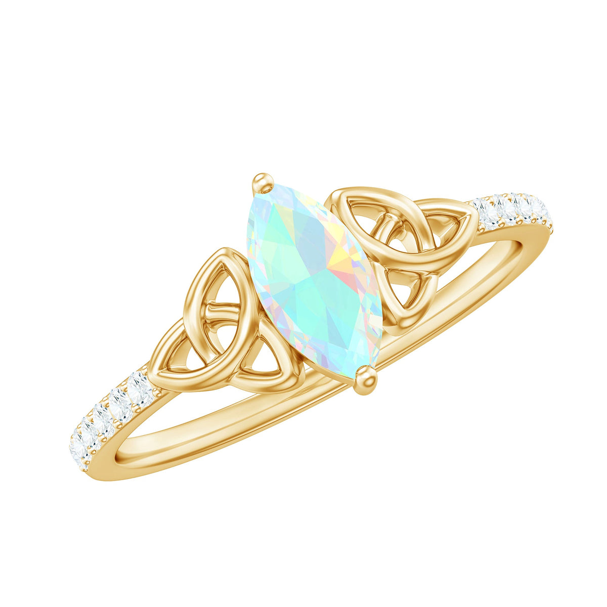 Natural Ethiopian opal diamond engagement ring with Celtic knot design, featuring a rose gold band and intricate craftsmanship.