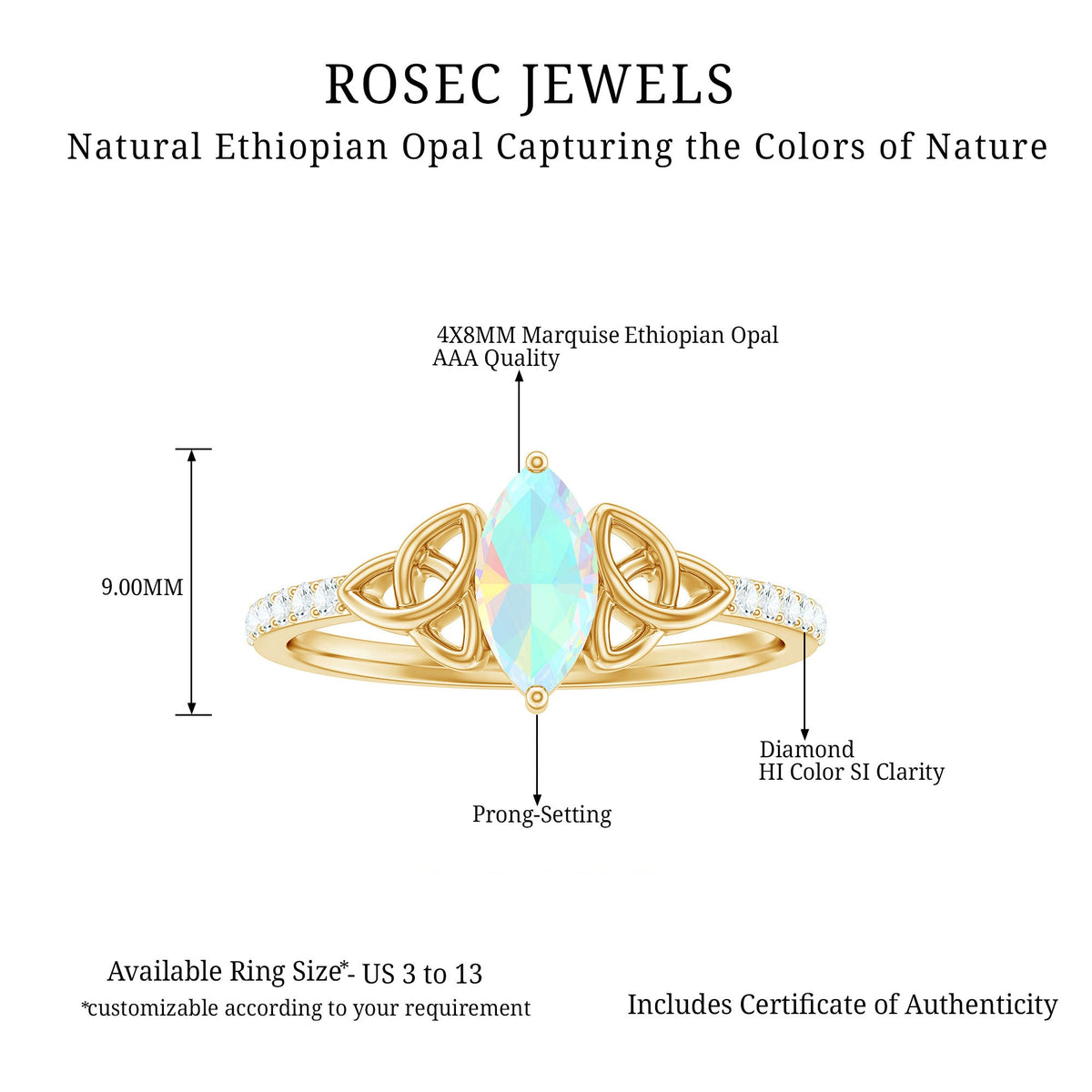 Natural Ethiopian opal diamond engagement ring with Celtic knot design, featuring a sparkling center stone and intricate band detail.