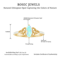 Natural Ethiopian opal diamond engagement ring with Celtic knot design, featuring a sparkling center stone and intricate band detail.