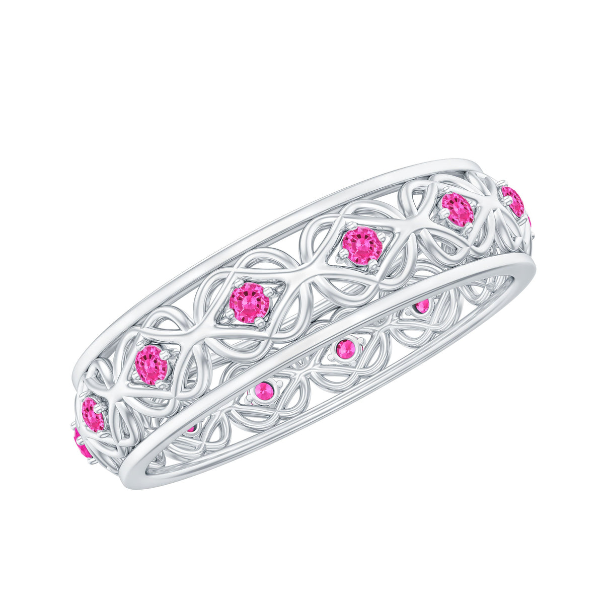 Lab-created pink sapphire wedding band with Celtic detailing, crafted by Rosec Jewels, featuring intricate design and vibrant pink stones.