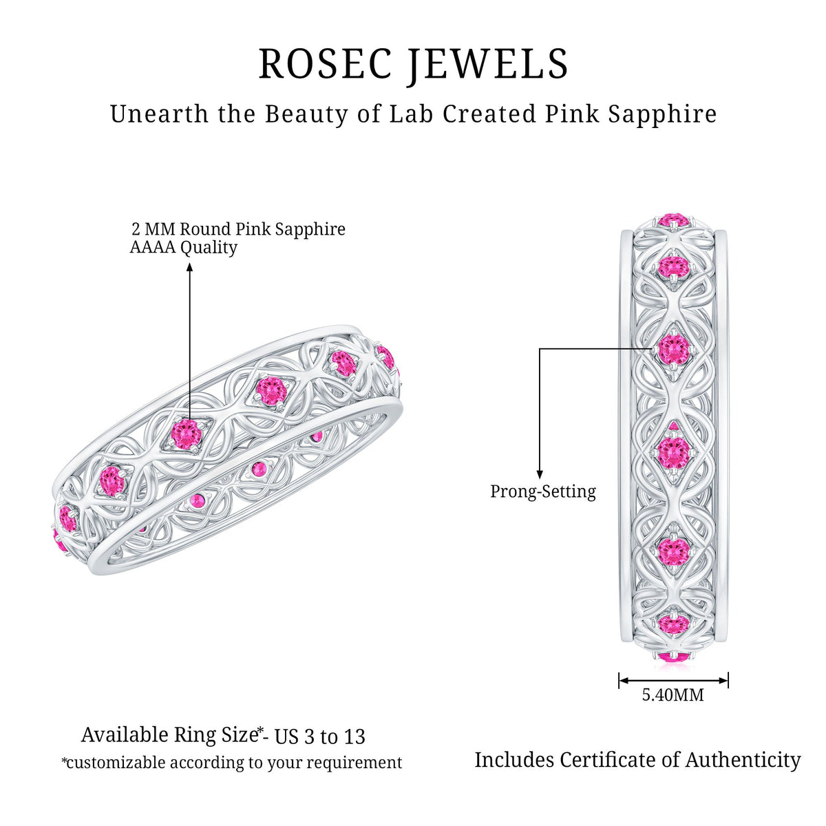 Rosec Jewels lab-created pink sapphire wedding band with Celtic design, featuring intricate details and a polished finish.