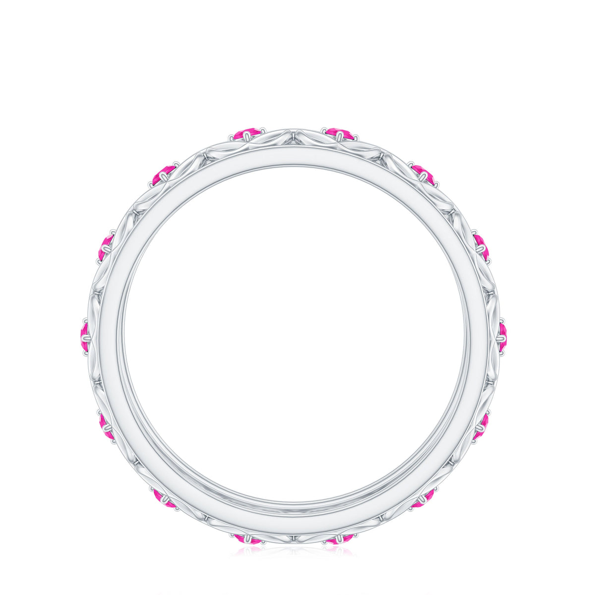 Rosec Jewels lab-created pink sapphire wedding band with Celtic details, showcasing intricate design and vibrant pink gemstones.